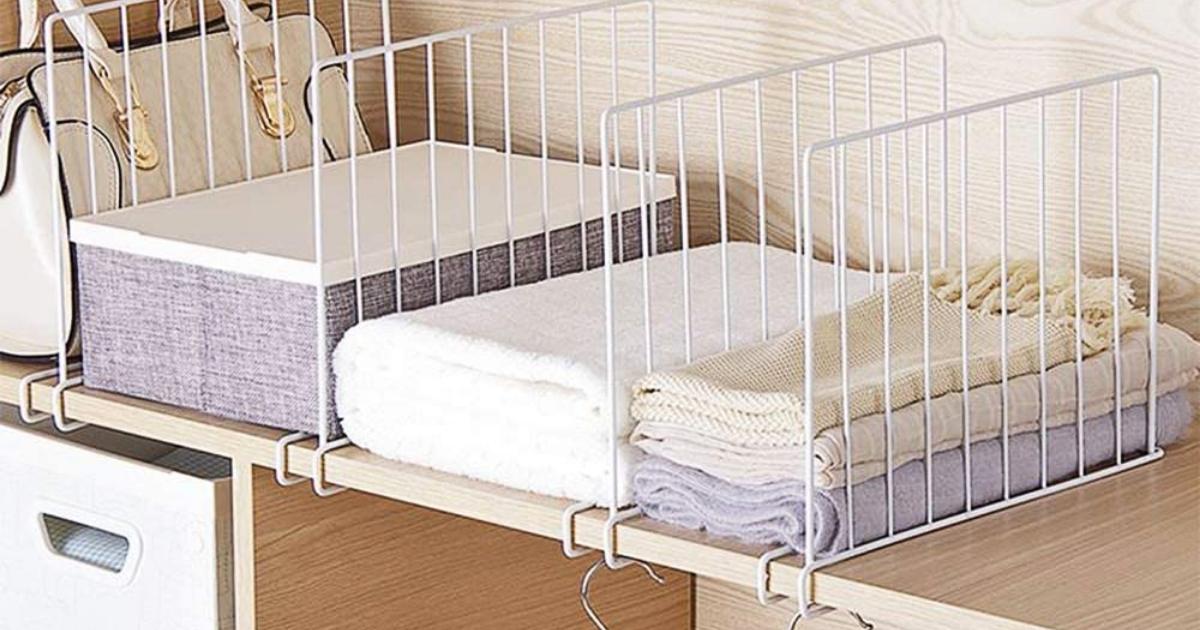 wire shelf Dividers in closet with linens and handbags