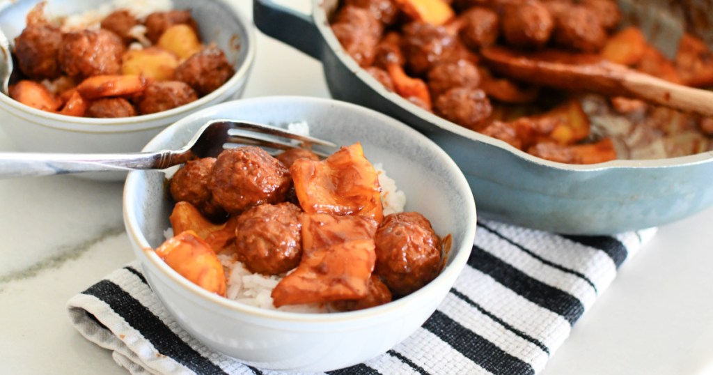 bowl with rice and trader joe's bbq teriyaki meatballs