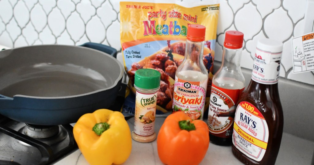 ingredients next to stove to make frozen bbq meatballs