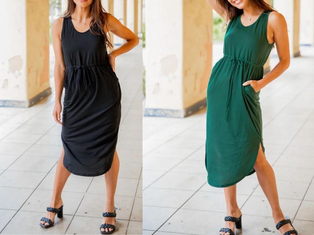 woman wearing cinced black dress and woman wearing green cinced dress