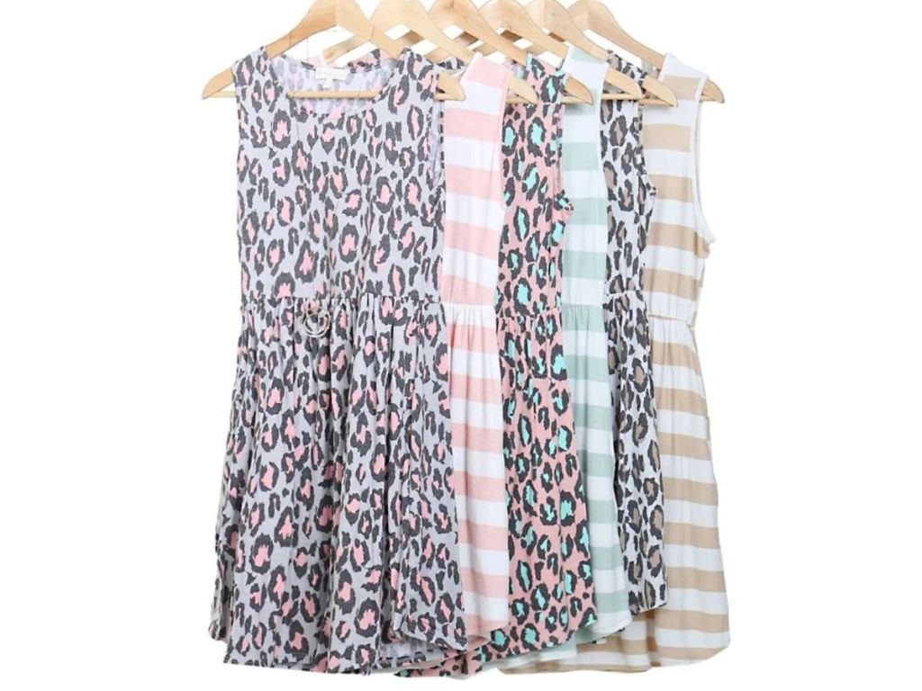 printed tank pocket dresses on hangers