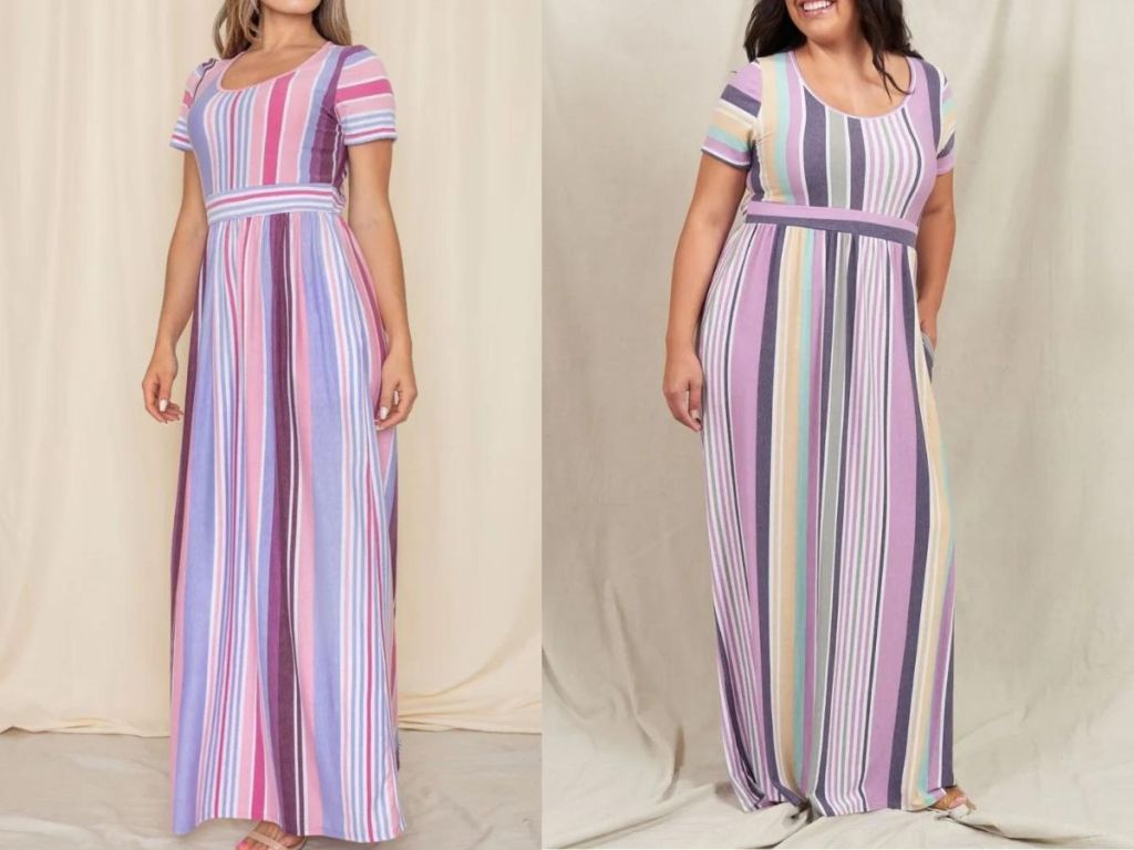 2 women wearing striped short sleeve long pocket dresses