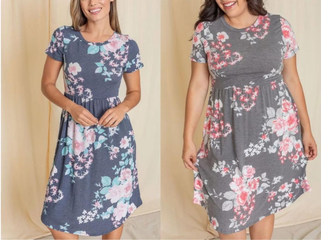 2 women wearing floral short sleeve pocket dresses