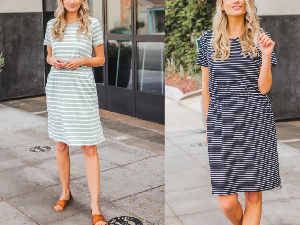 2 women wearing striped short sleeve pocket dresses