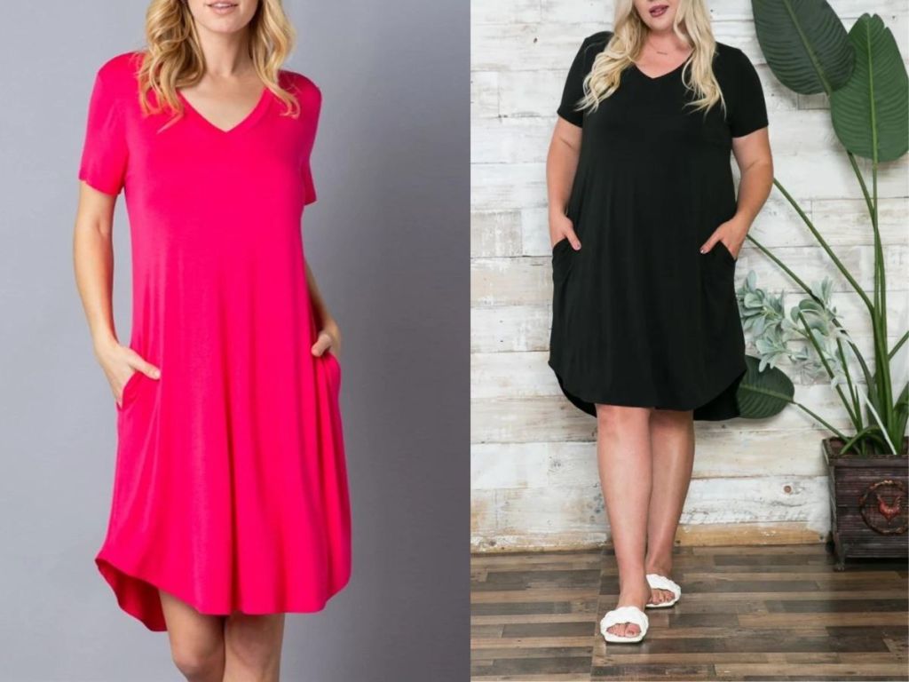 woman wearing pink short sleeve pocket dress and woman wearing black short sleeve pocket dress