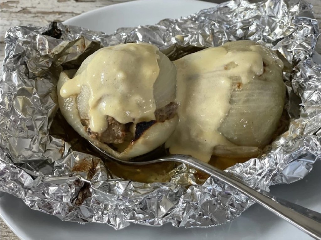 camping recipes - keto onion burger bombs by Hip2Keto