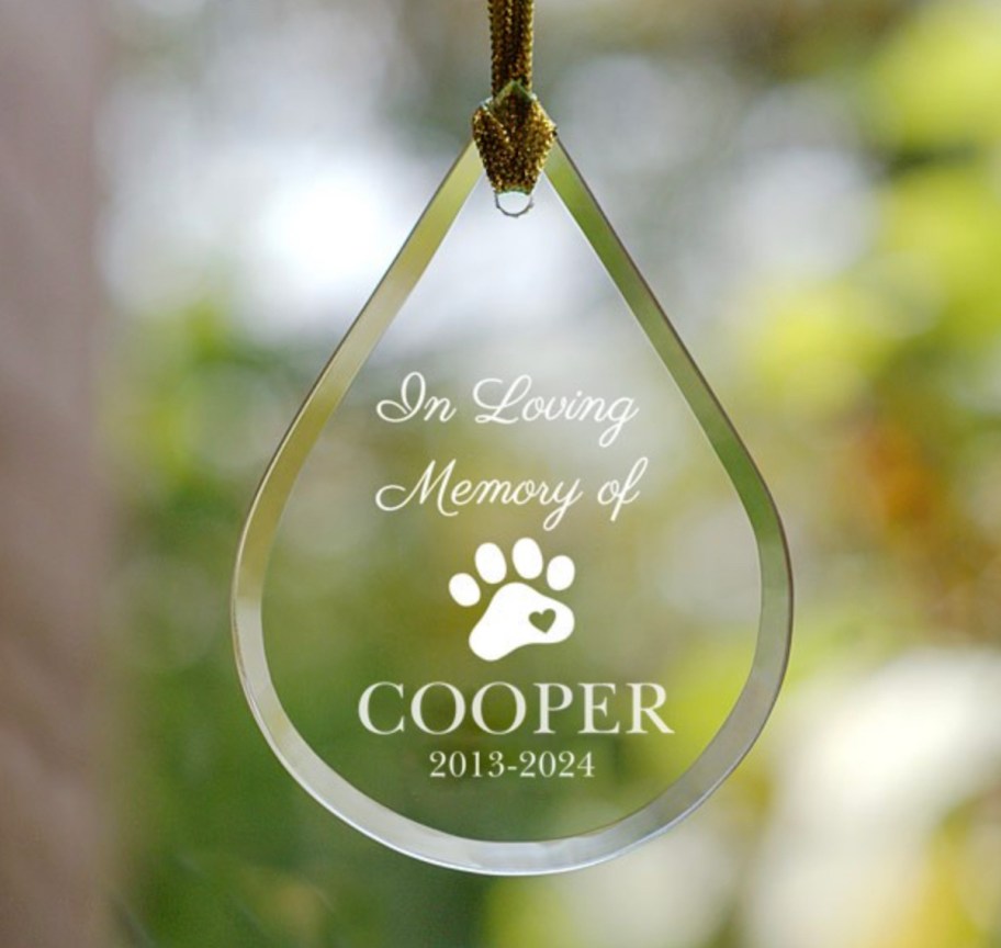 glass teardrop shaped personalized personalized dog memorial ornament