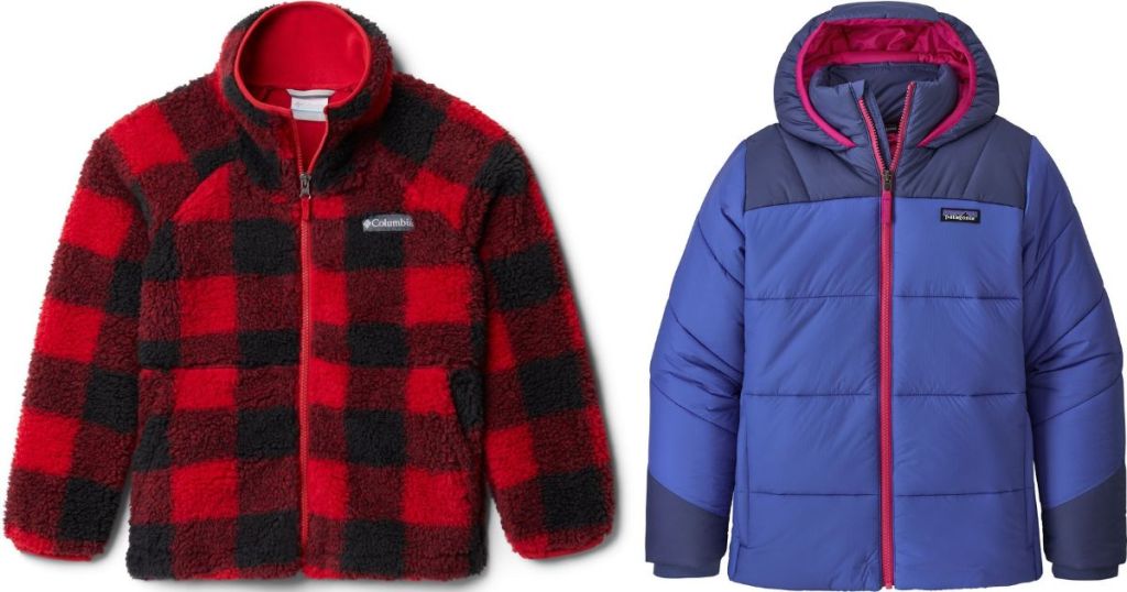 red and black plaid Columbia boys fleece and purple Patagonia girls hoodie jacket