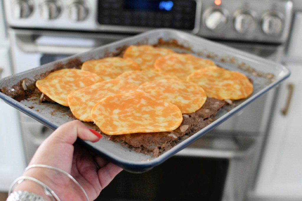 sheet pan with cheeseburger sliders