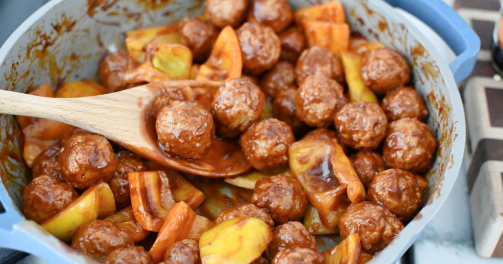 skillet with bbq frozen meatballs