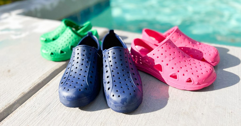 kids shoes near pool