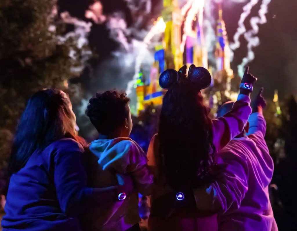 family watching fireworks wearing magicbands