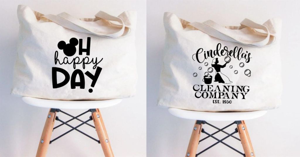 oh happy day tote bag on stool and Cinderellas Cleaning onlinepany tote bag on stool