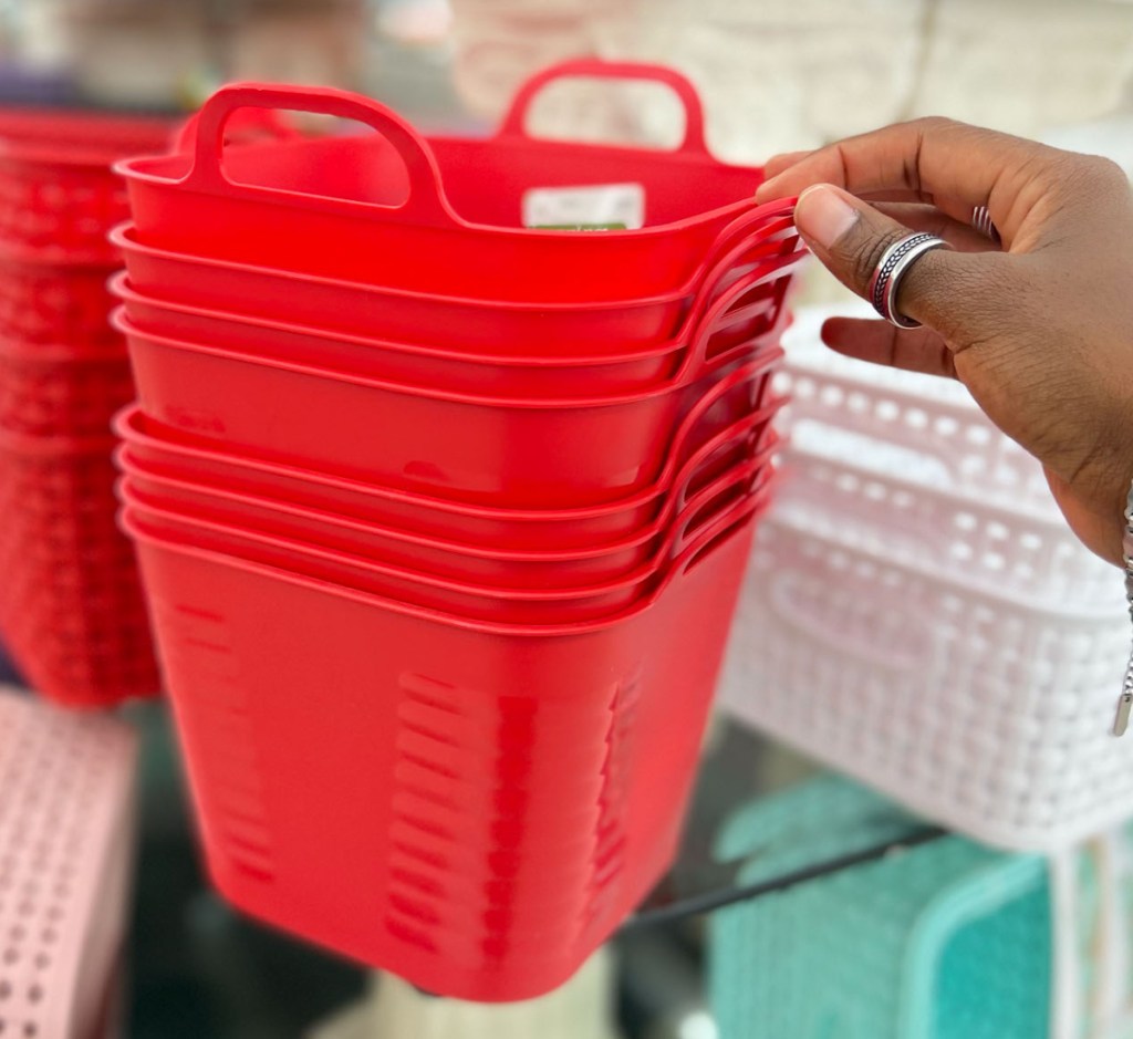 Red storage baskets