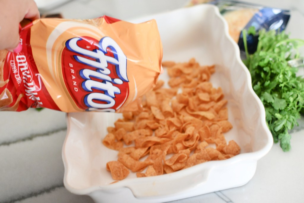 adding fritos to casserole dish