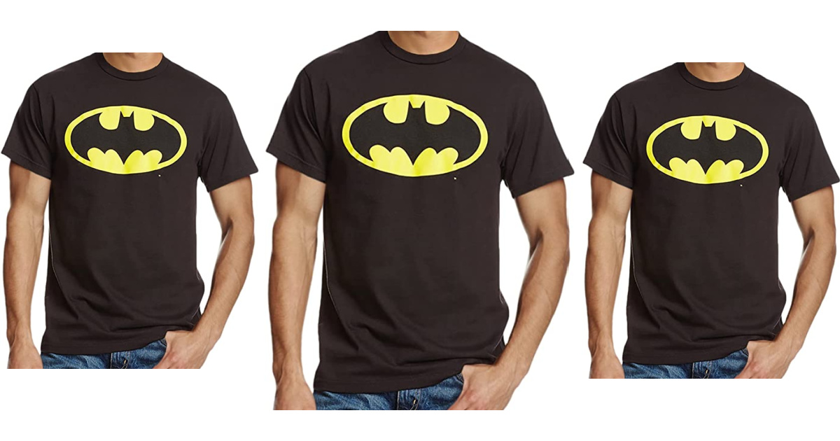 three side by side stock images of a man wearing a batman shirt