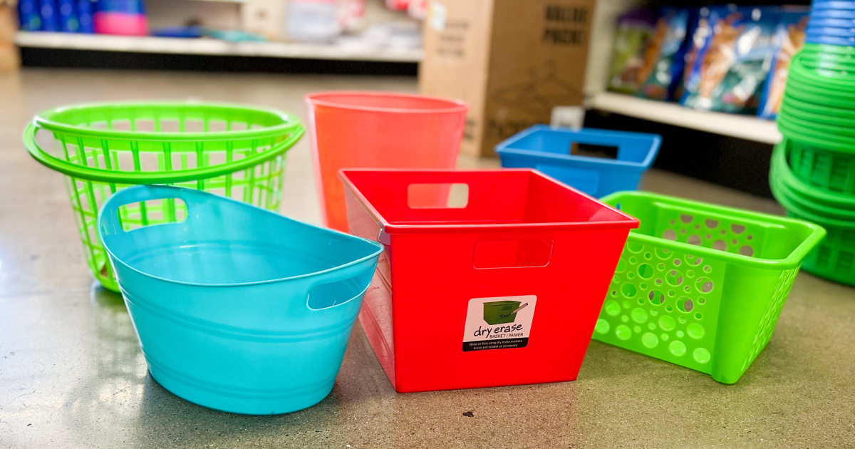 many colorful bins on floor