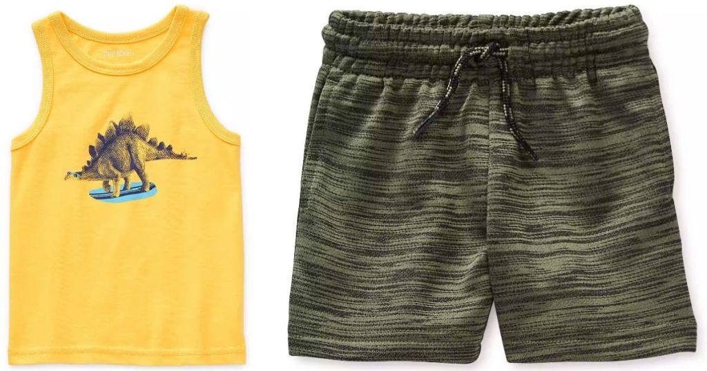 boys dino tank and boys green shorts