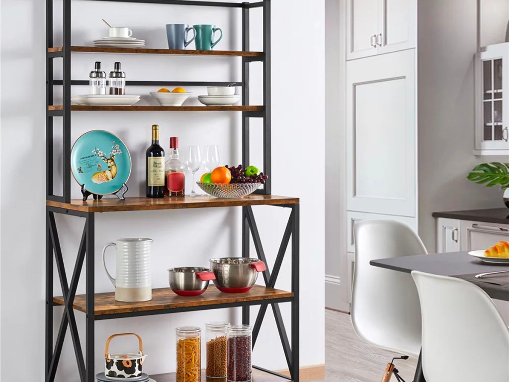 metal and wood kitchen shelves with decor on shelves