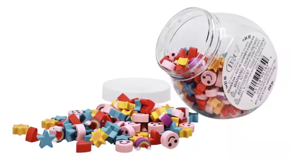 assorted mini erasers onlineing out of a jar