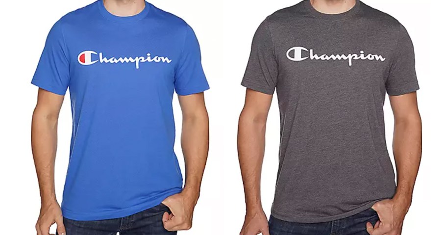 two men wearing champion shirts