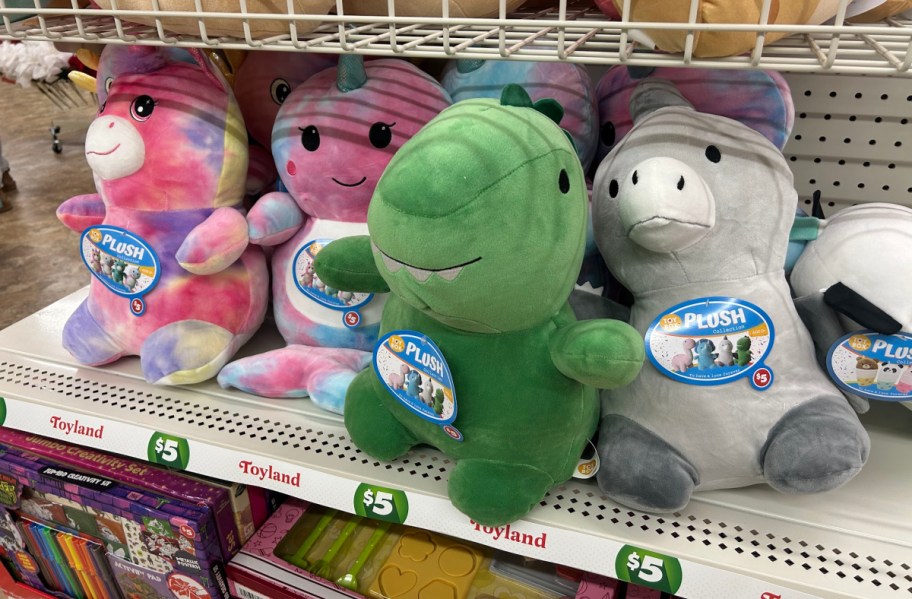 Dollar Tree plush toys for $5 including a dinosaur and fantasy creatures