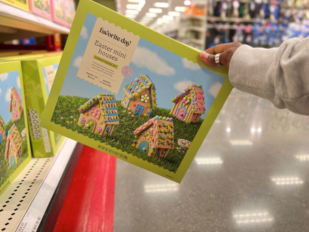 Hand holding a box for an Easter house cookie kit