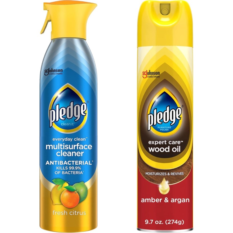 a spray can of Pledge Multi Surface Cleaner and a spray can of Pledge Wood Oil Care Cleaner