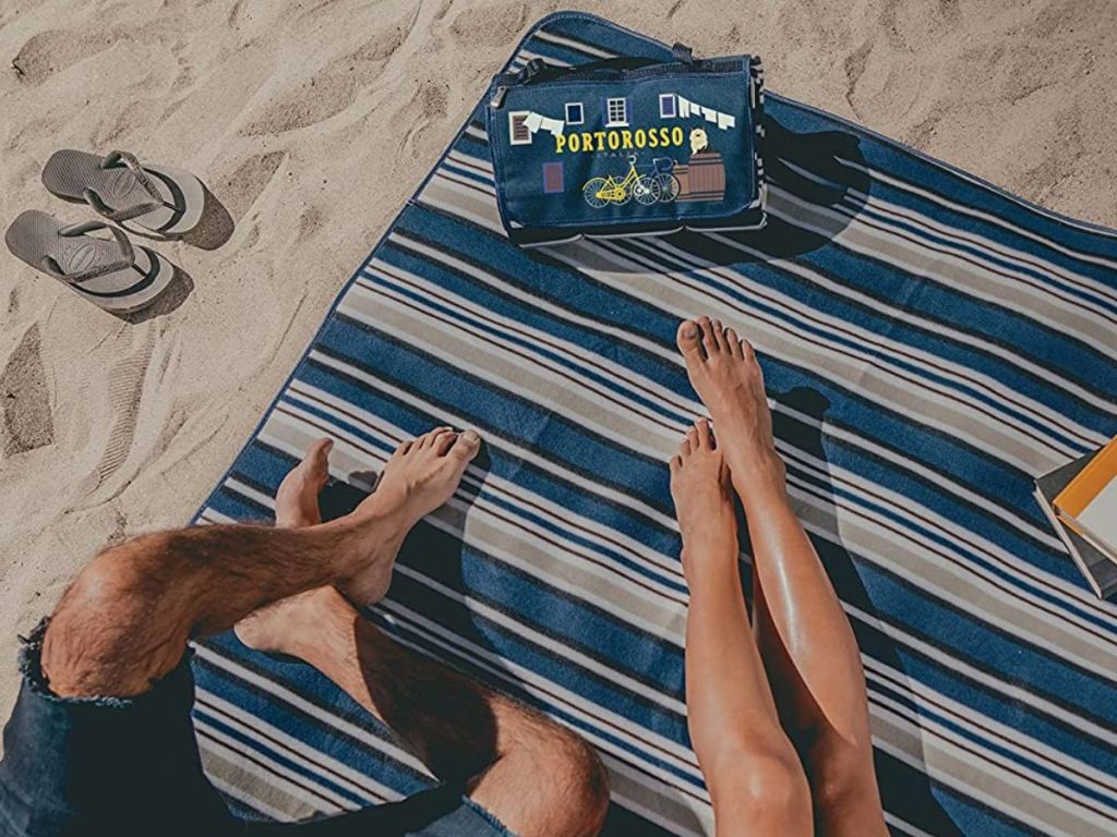 Picnic Time beach & picnic blanket on sand with people sitting on it