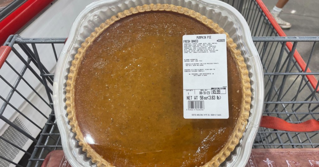 large pumpkin pie in costco cart basket