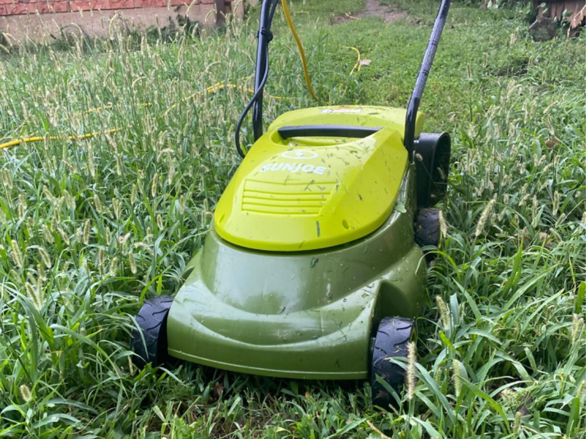 Sun Joe Electric Mower outside on tall grass