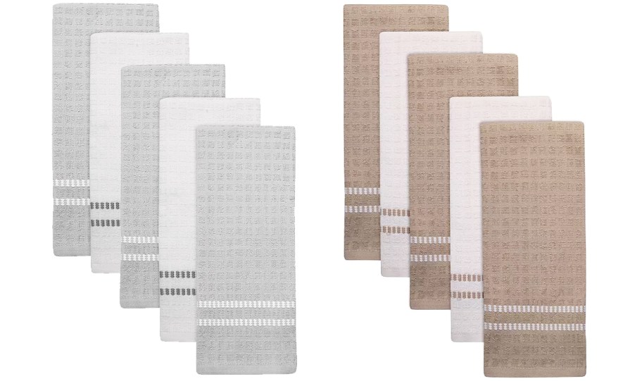 grey and beige sets of kitchen towels