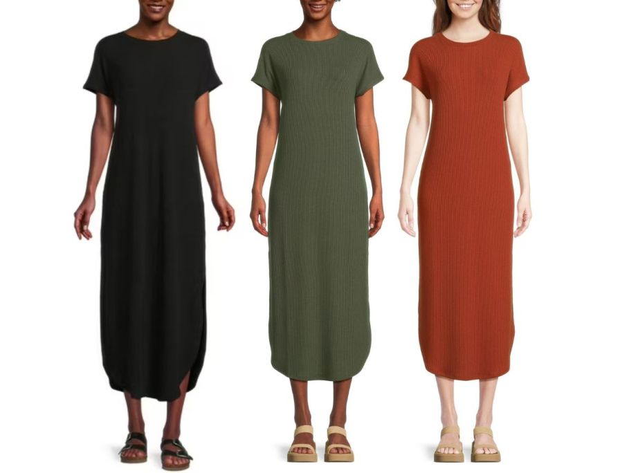 3 women wearing Time and Tru Women's Ribbed Maxi Dresses