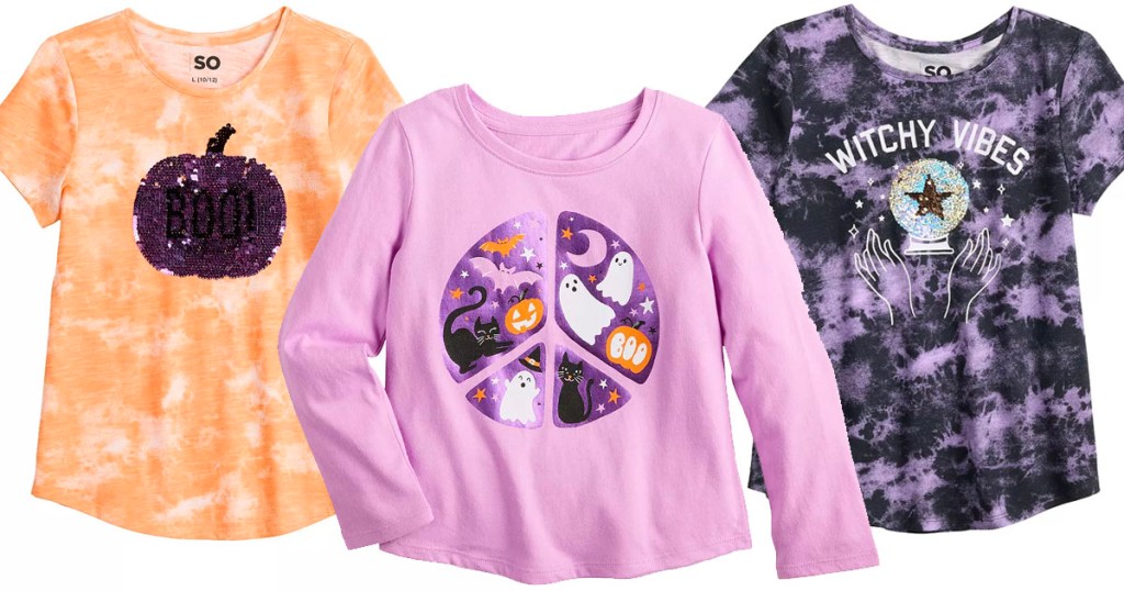 orange, and two purple halloween tees