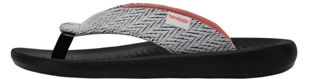 gray and orange heydude flip flops