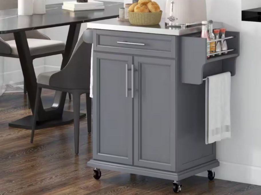  HOMonline Gray Wood 33 in. Kitchen Island with Drawers in kitchen