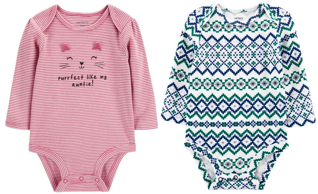 oshkosh pink baby bodysuit with cat face and blue christmas bodysuit