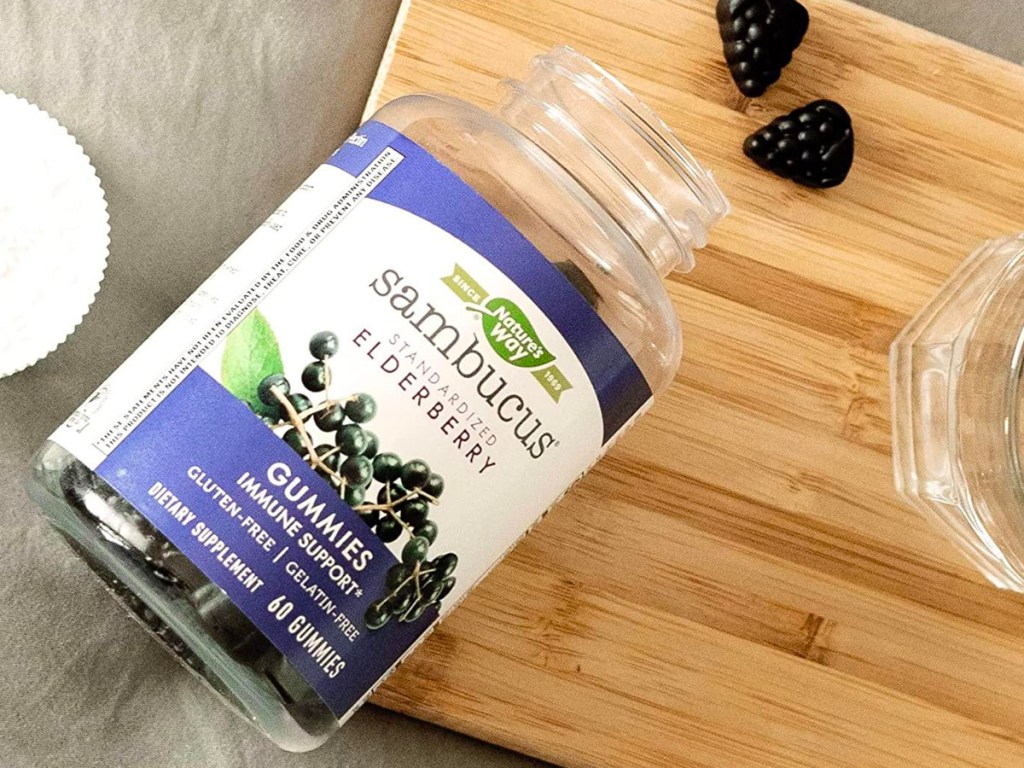 sambucus elderberrry vitamins bottle on table