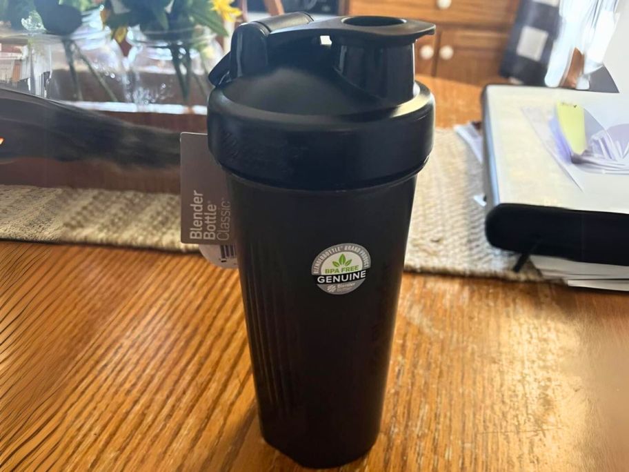 a black 28oz blenderbottle on a table top