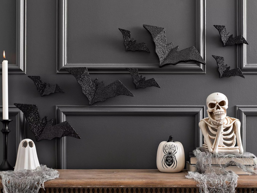 black glitter bats on wall