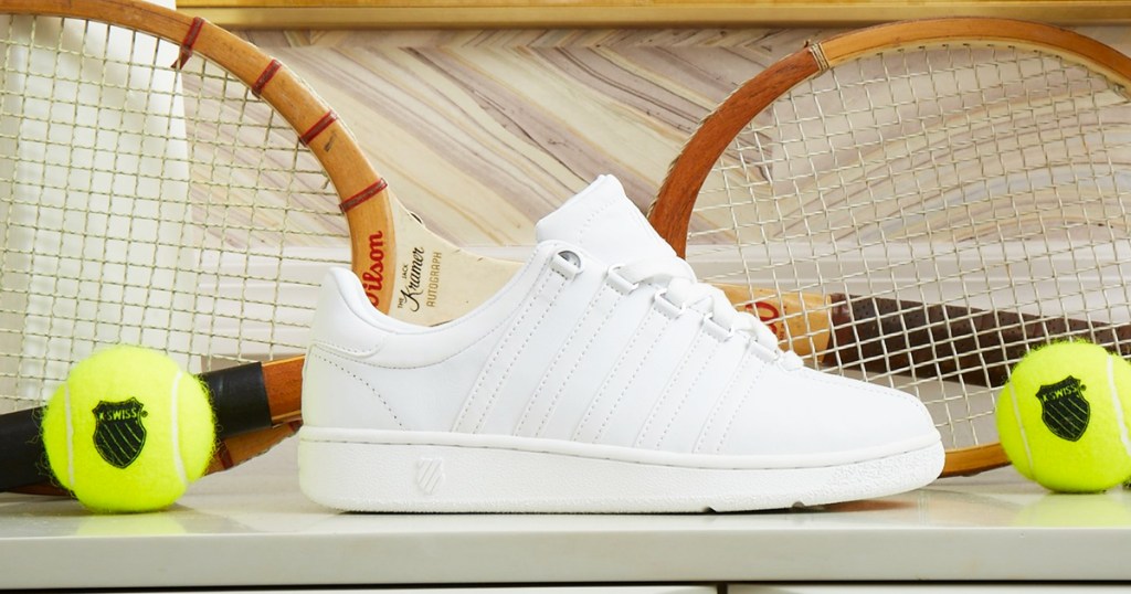 white k-swiss sneaker with tennis rackets and balls