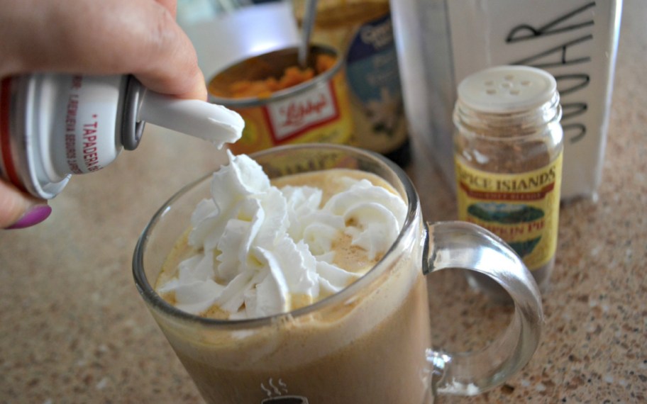 Whipped topping on a homemade pumpkin spice latte