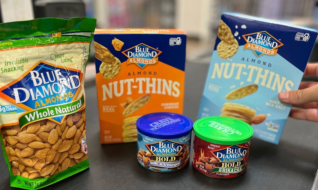 blue diamond almonds and nut thins on checkout belt