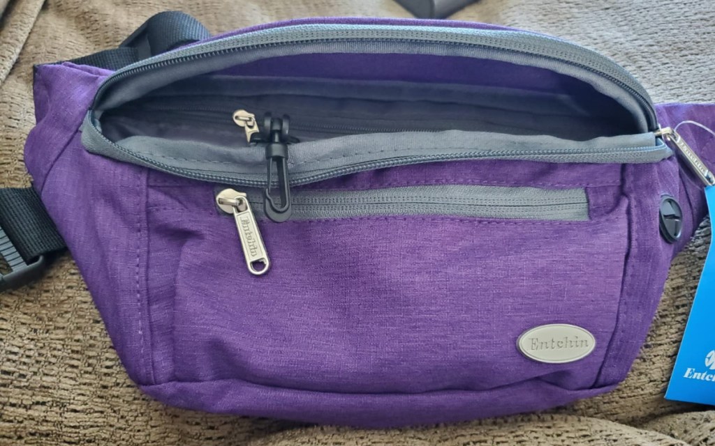 puprle fanny pack unzipped