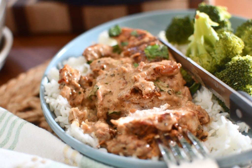 plate with rice and sun-dried tomato chicken