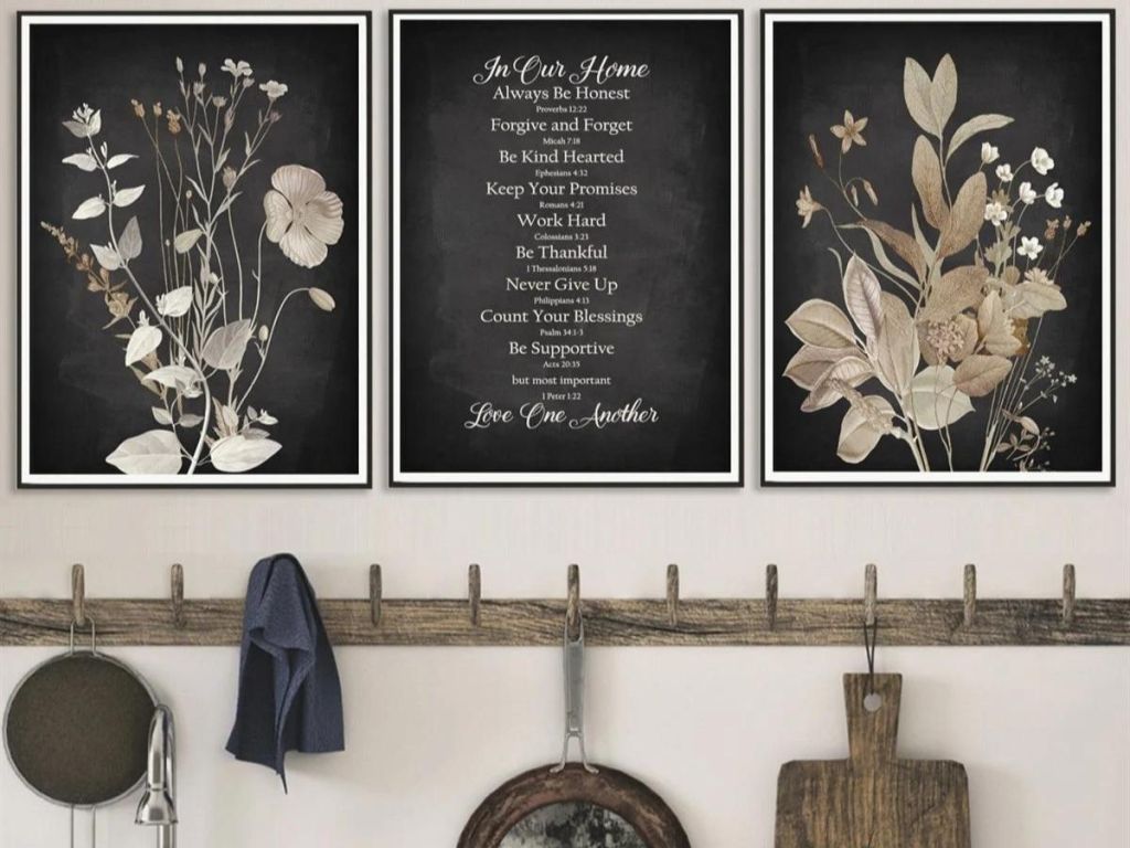 set of 3 floral art prints on a wall over a rack of kitchen items