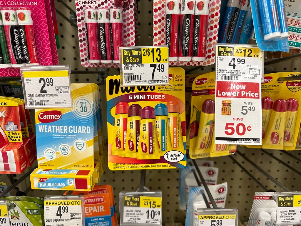 Carmex Minis hanging on peg at store