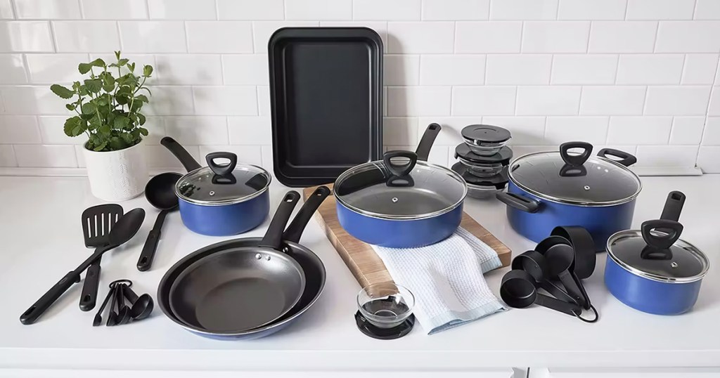 blue cookware set on kitchen counter