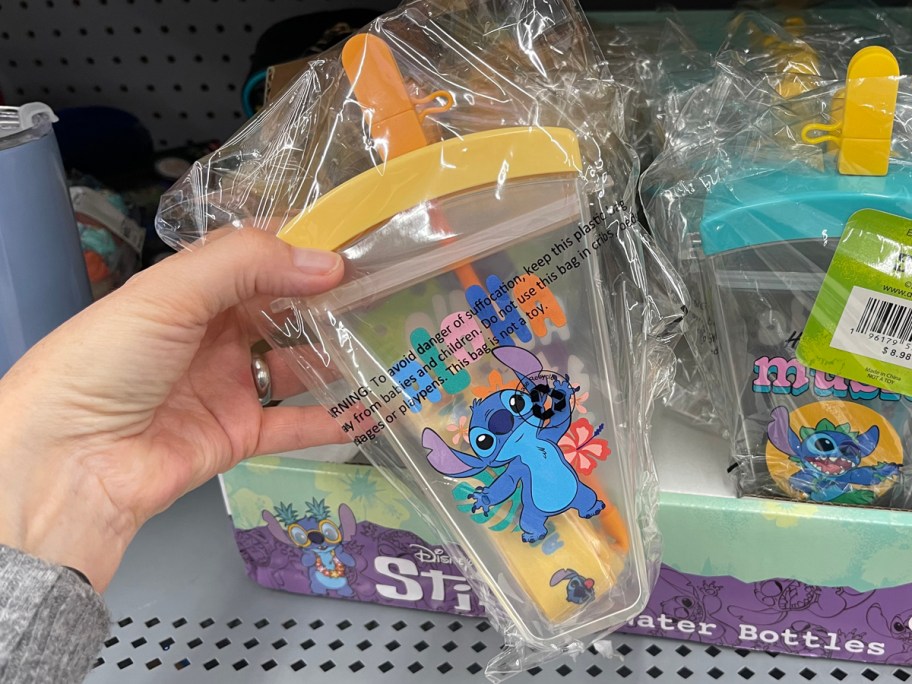 Disney Stitch Water Bottle being held at walmart