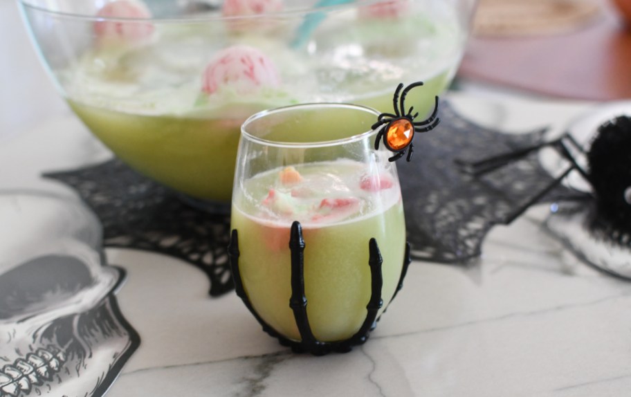 Green Halloween Punch with zombie eyeballs